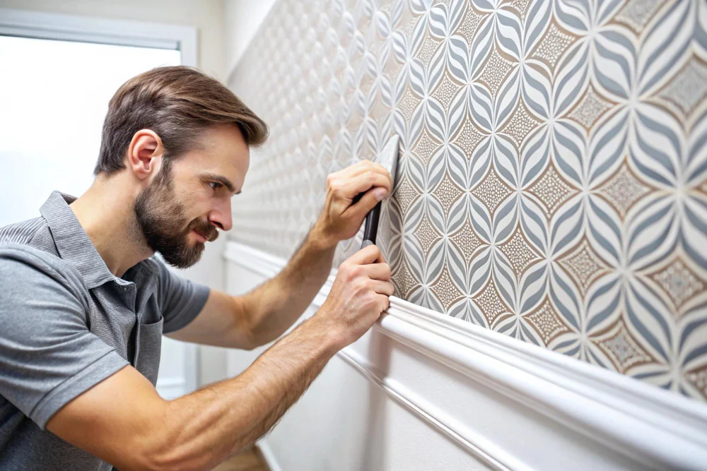 hombre en montaje de papel de colgadura en Medellín